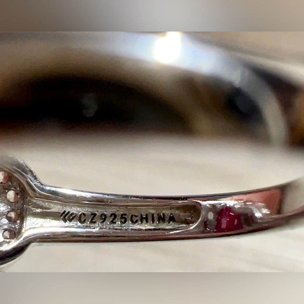 Designer Signed FE Sterling Silver Red & Clear Cubic Zirconia Halo Ring, Size 7 - Picture 8 of 11
